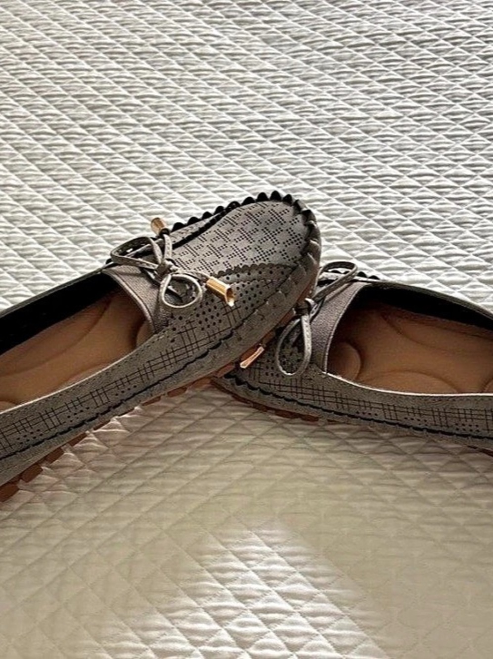 Gray Perforated Moccasin Flats Like New